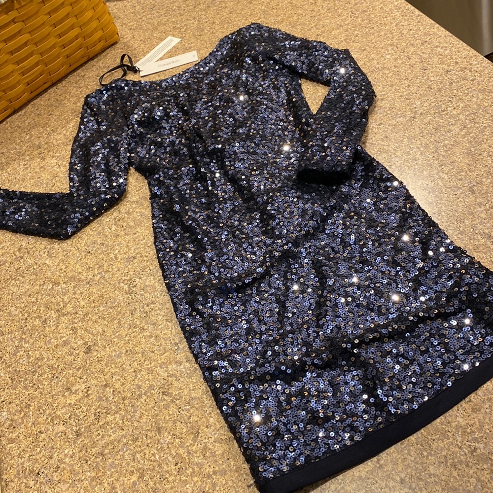 NWT Calvin Klein Blue Sequin Cocktail Social Event Dressy Dress Size 2 - Picture 3 of 16
